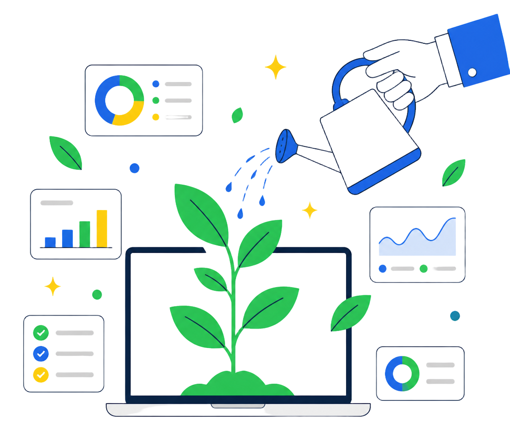 Illustration of a plant growing out of a laptop being watered, surrounded by dashboard cards