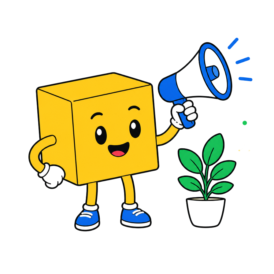 Koca Bean cube mascot holding a megaphone next to a plant