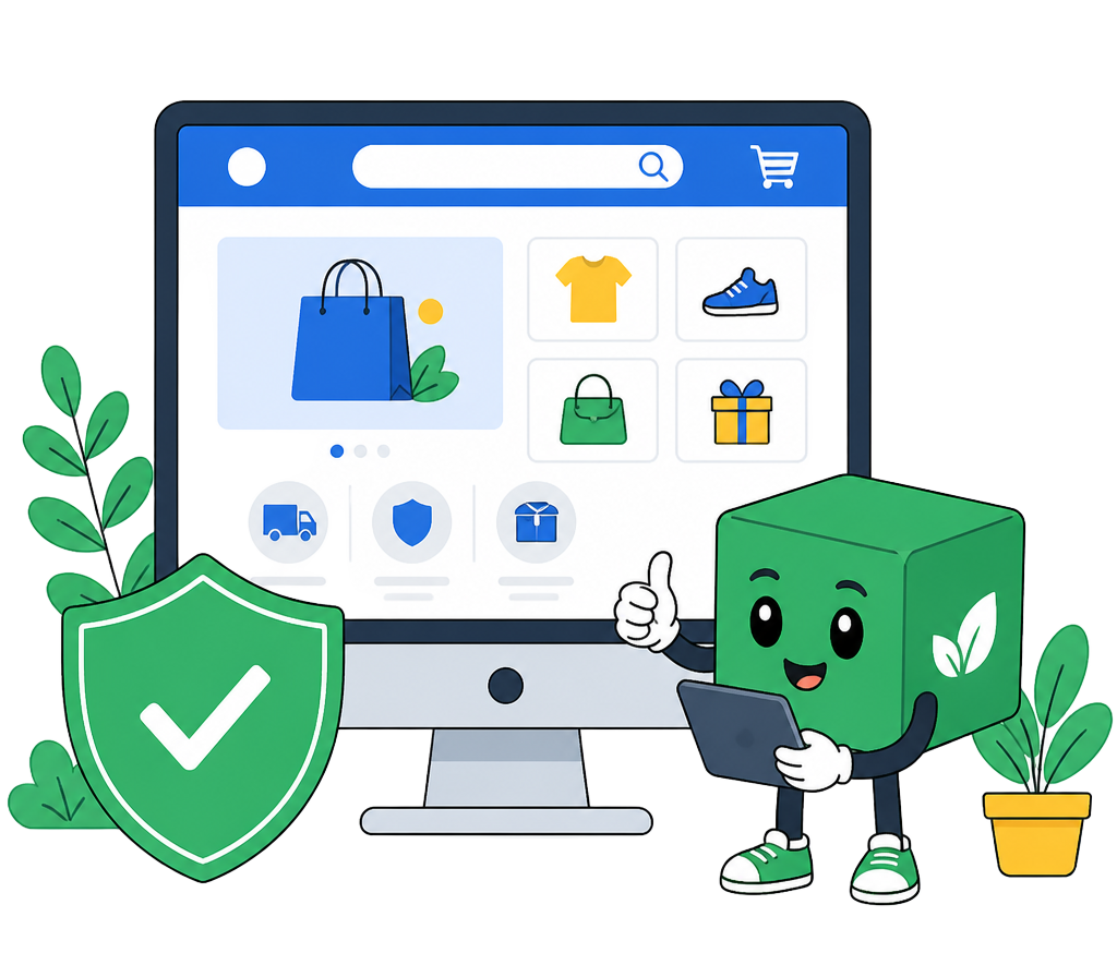 Illustration of a managed online store protected by a security shield